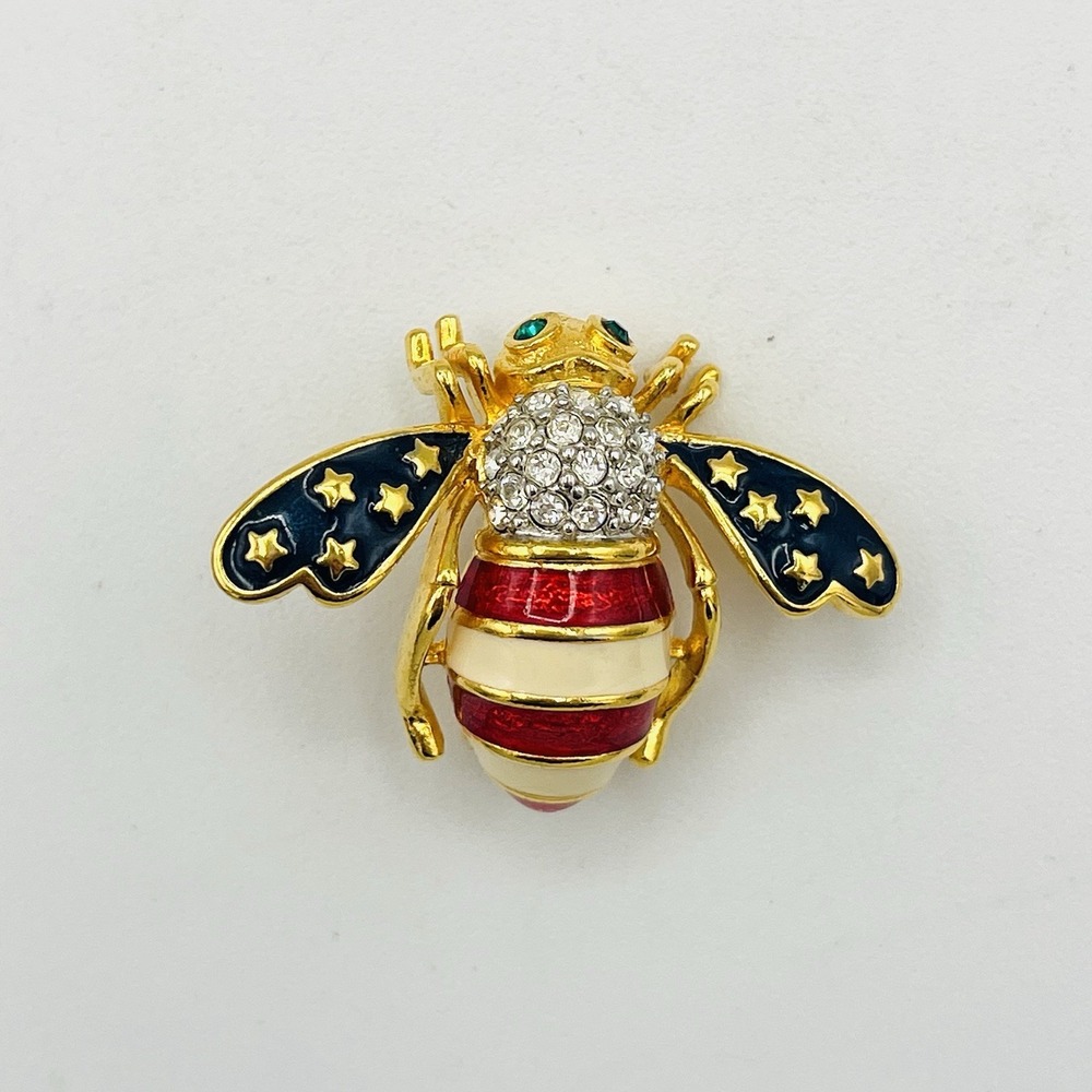 Joan Rivers American Flag Bee Pin Brooch Crystal 4th July Patriotic USA Gold - Picture 2 of 7